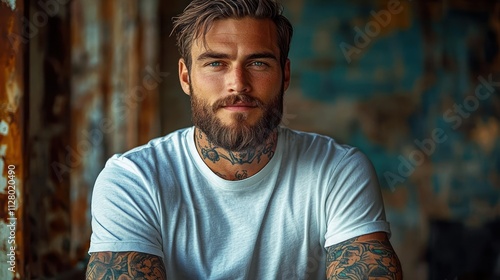 Portrait of a Male Volunteer in a White T-Shirt with Tattoos in a Rustic Industrial Setting photo