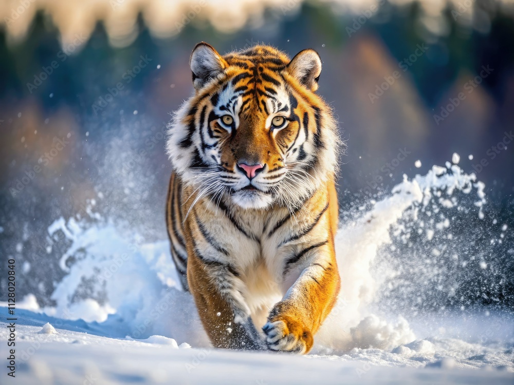 Fototapeta premium A Siberian tiger, majestic winter predator, caught candidly amidst a snow-covered landscape.