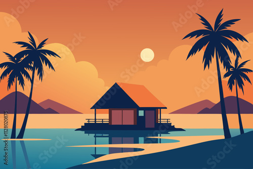 Hut on a tropical beach with palm trees isolated vector illustration