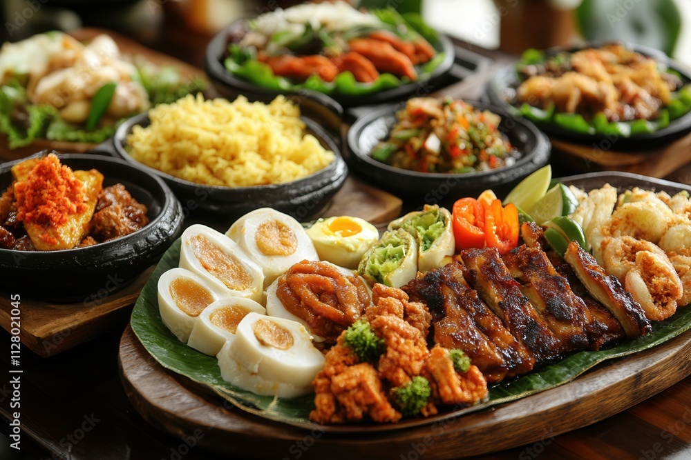 Fototapeta premium Delicious Asian food platter with rice, meat, eggs, and vegetables.