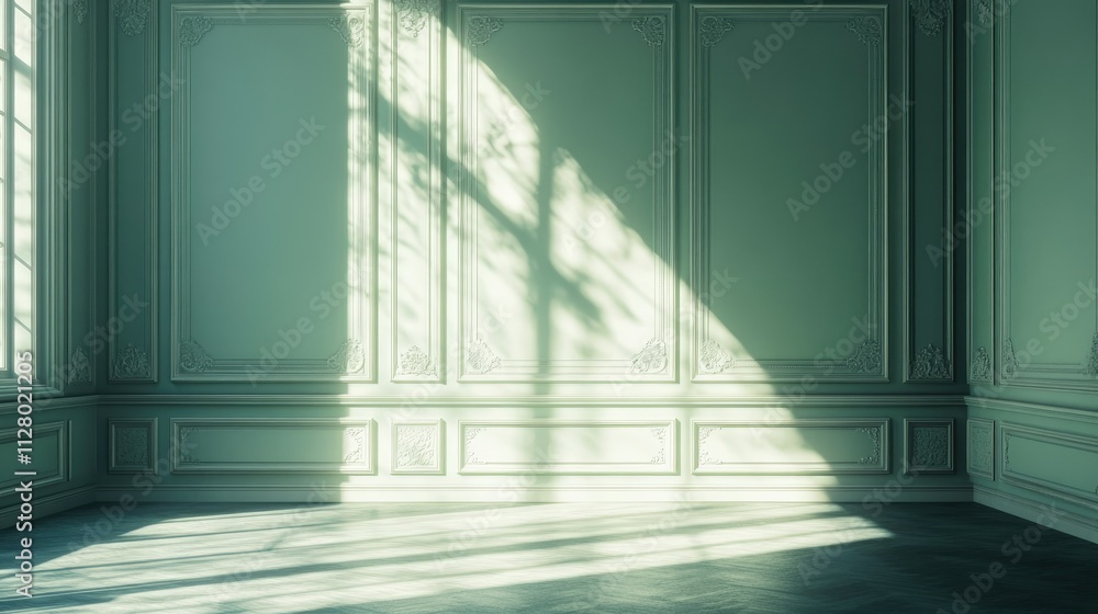 Sunlit empty room with classical wall panels. Sunlit empty room with classical wall panels.