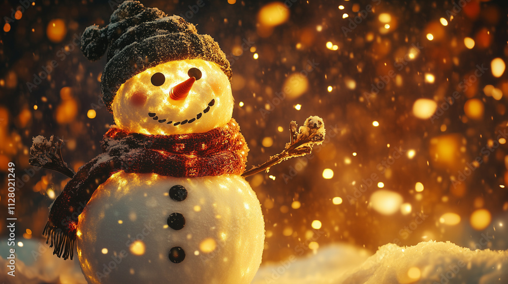 Obraz premium Cheerful snowman wearing a scarf, glowing snowflakes falling softly, ideal winter holiday banner background-2