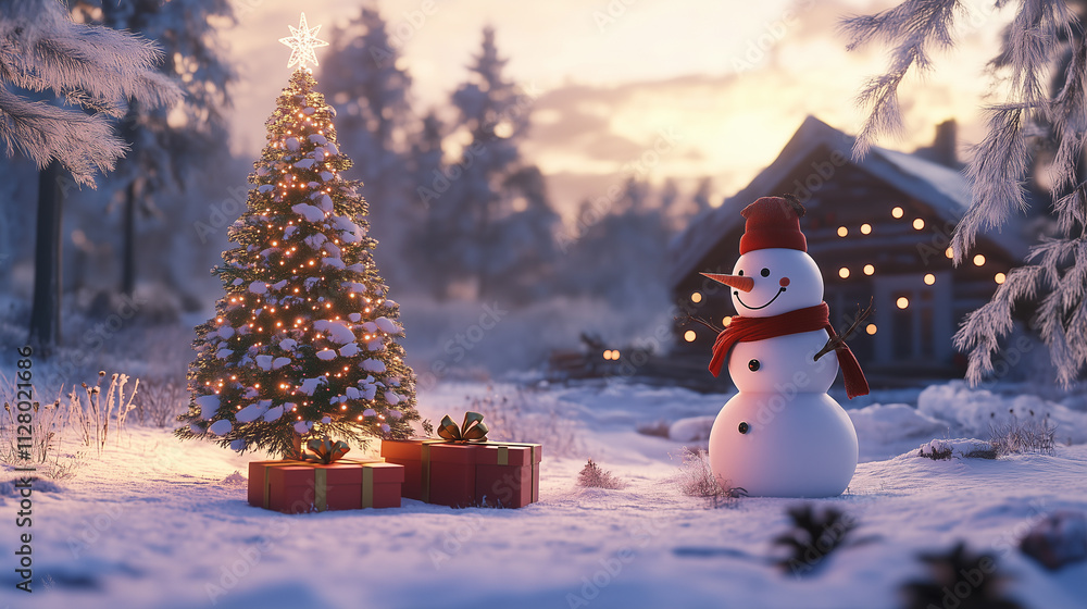 Fototapeta premium Christmas tree, snowman, and a gift box in a snowy scene with room-2
