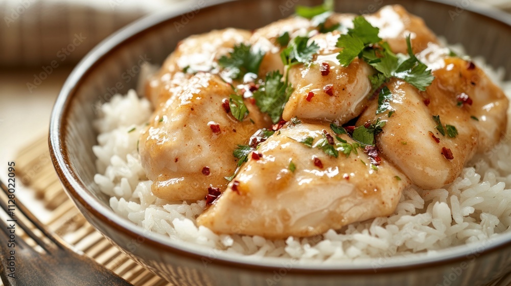 Close-up of savory glazed chicken breast pieces served over fluffy white rice, garnished with fresh cilantro. Close-up of savory glazed chicken breast pieces served over fluffy white rice, garnished with fresh cilantro.