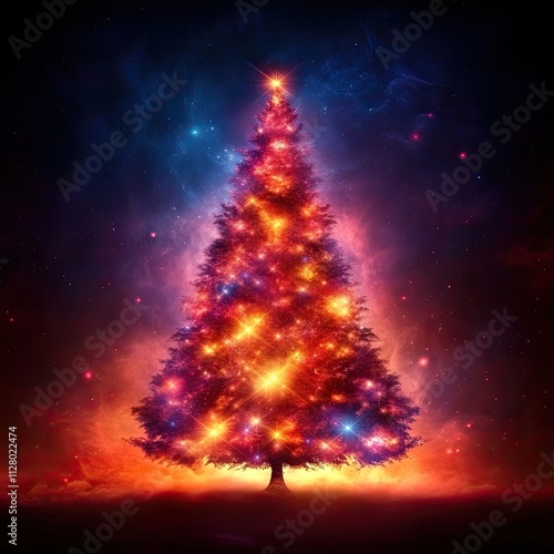 Christmas tree illuminations magical night digital art starry background artistic perspective holiday spirit celebration photo