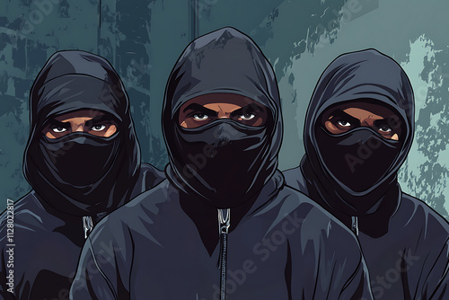 Three figures in dark hoodies and masks, suggesting stealth or secrecy in an urban setting.