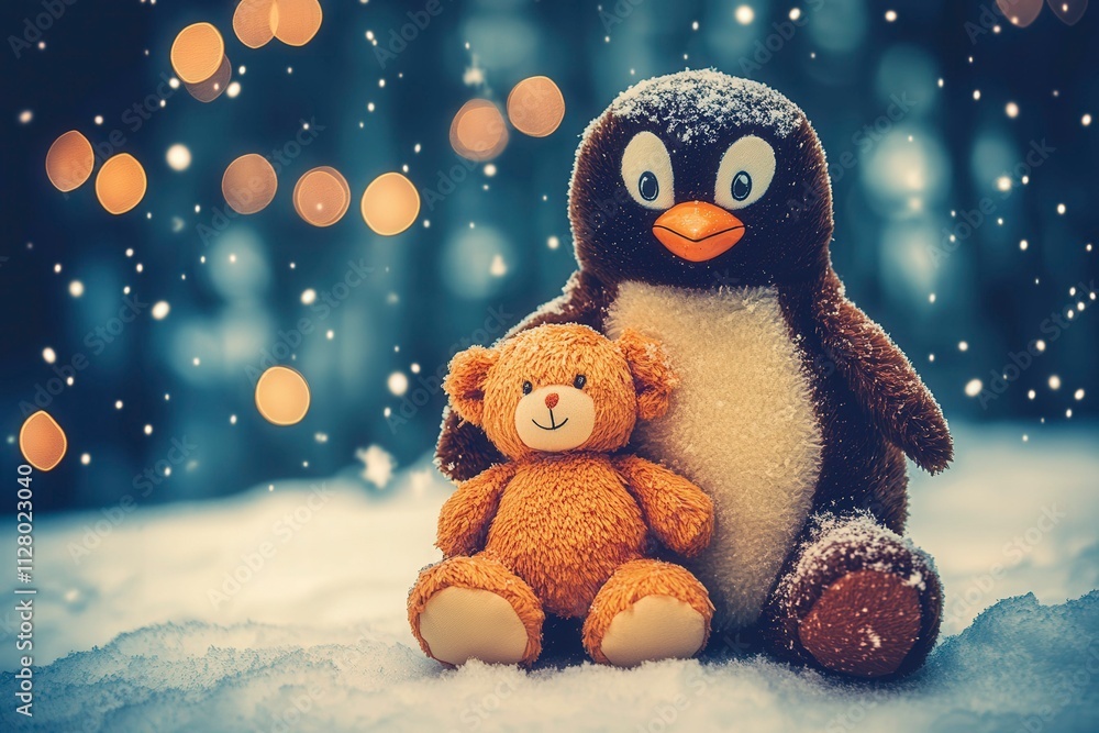 Cute Penguin and Teddy Bear in Snowy Winter Scene Cute Penguin and Teddy Bear in Snowy Winter Scene