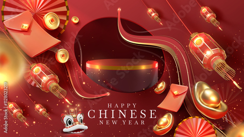 Red and gold background, elegant scene design idea for Chinese New Year and traditional elements for the holiday, poster template for Year of the Snake.
