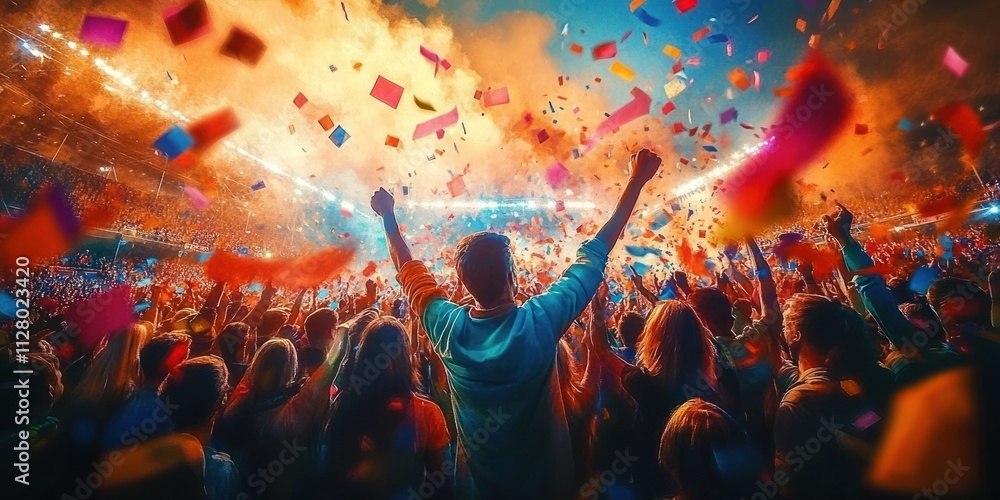 Obraz premium Football Celebration at the Stadium with Fans Cheering and Confetti in a Dynamic Scene