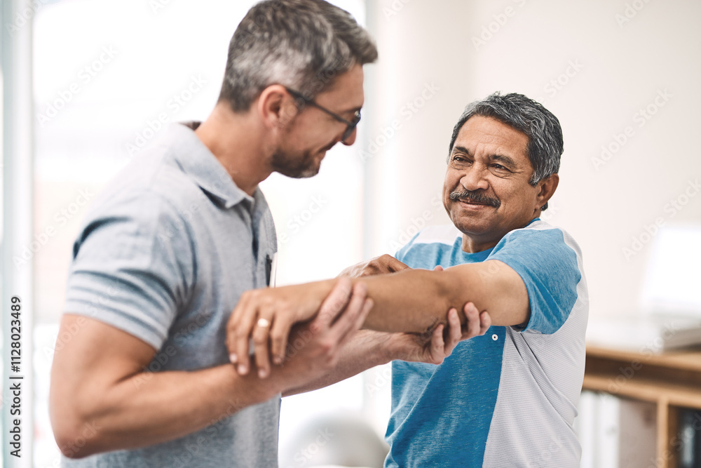 Fototapeta premium Physiotherapist, elderly man and stretching for health, exercise or sport in wellness, help and gym. Male people, arm and body care as physiotherapy, fitness or rehabilitation clinic for consultation