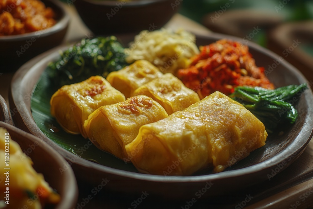 Delicious golden-brown egg rolls served with assorted side dishes on a rustic plate.