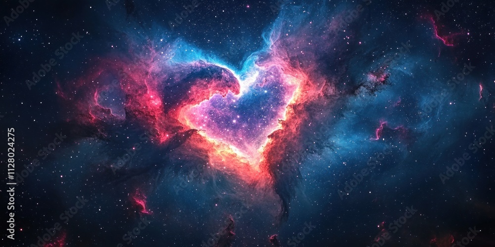 Fototapeta premium Astrophotography Cosmic Nebula Heart Shape Vivid Colors Pink Blue Deep Space Ethereal Glow