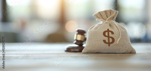 A money bag with a dollar sign sits next to a gavel, symbolizing financial matters and legal issues in a professional setting.