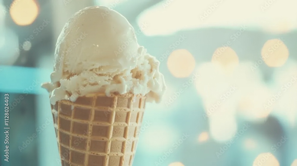 Creamy vanilla ice cream being dispensed into a cone from an ice cream machine, soft focus on the main subject, clean and simple composition with ample copy space. Creamy vanilla ice cream being dispensed into a cone from an ice cream machine, soft focus on the main subject, clean and simple composition with ample copy space.