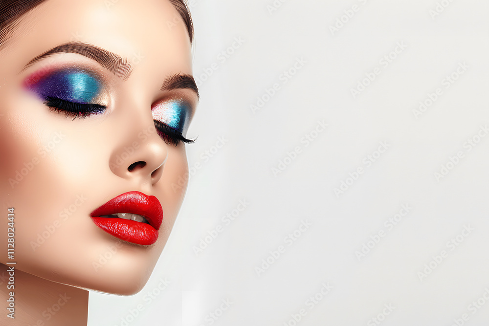 Close-up of a woman with elaborate eye makeup red lips, and a low-light background that makes the bright details of her makeup stand out. Close-up of a woman with elaborate eye makeup red lips, and a low-light background that makes the bright details of her makeup stand out.