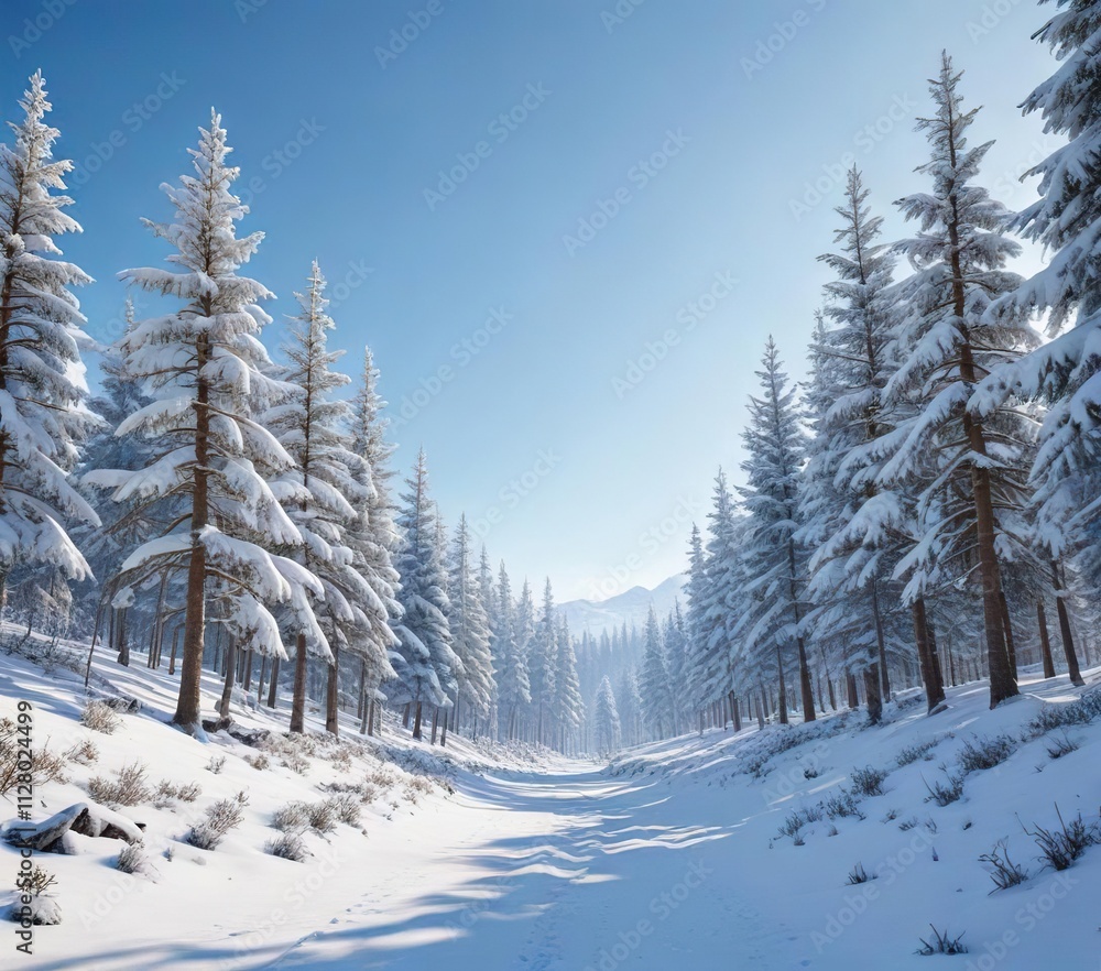 Snow-covered forest landscape with clear blue sky, serene, trees, copy space Snow-covered forest landscape with clear blue sky, serene, trees, copy space
