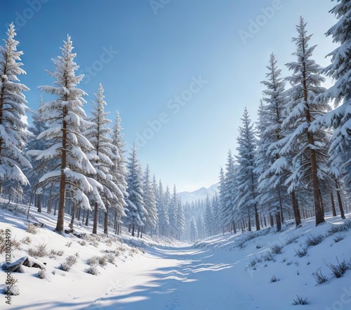 Snow-covered forest landscape with clear blue sky, serene, trees, copy space