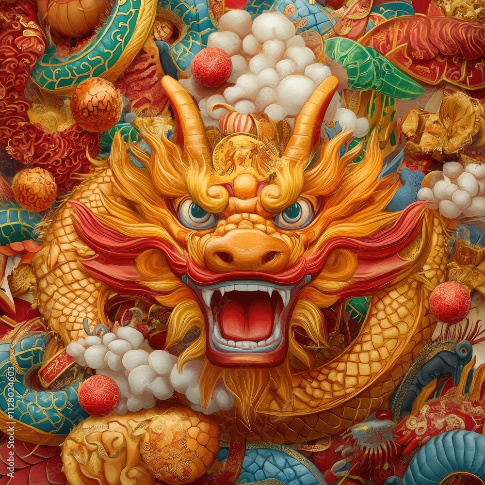 Fototapeta premium Majestic golden dragon sculpture cultural exhibit art display indoors close-up view symbol of power and wisdom