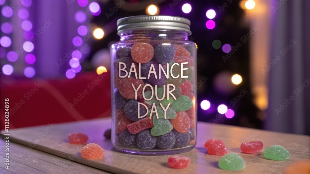 Sweet Serenity An ambient lighting captures a closeup of the jar filled with gummies showcasing a blend of deep purples bright reds and soft greens. The label Balance Your Sweet Serenity An ambient lighting captures a closeup of the jar filled with gummies showcasing a blend of deep purples bright reds and soft greens. The label Balance Your