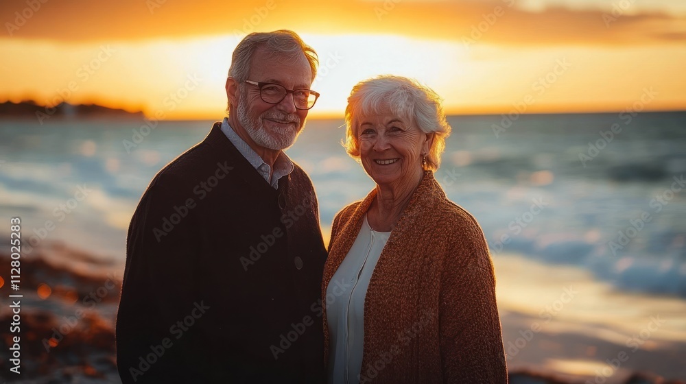 Fototapeta premium Elderly Couple Romantic Sunset Beach Vacation Celebration Love Anniversary Trip