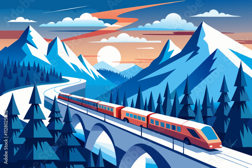 Train passing through snowy mountains isolated illustration background