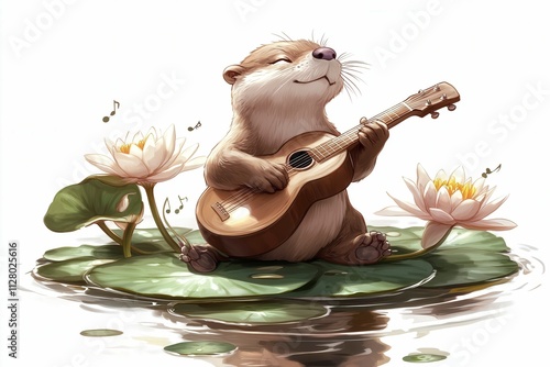 Happy Otter Playing Music on a Lily Pad