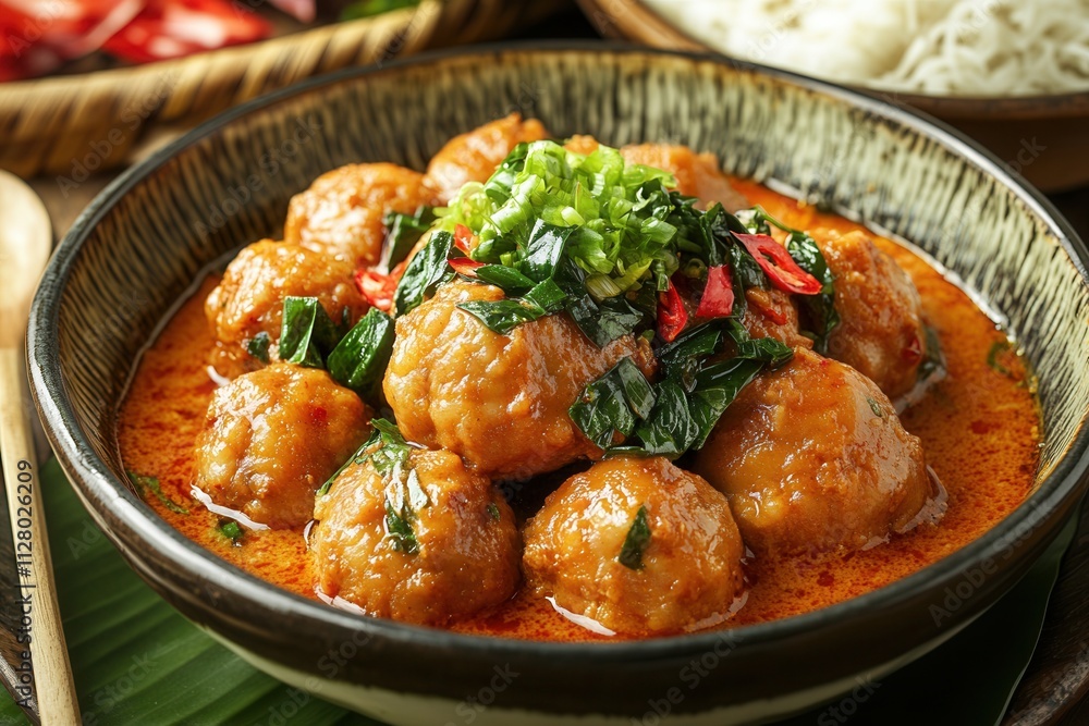 Delicious meatball curry in a bowl, garnished with herbs and chili. Delicious meatball curry in a bowl, garnished with herbs and chili.