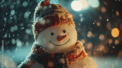 Smiling snowman amidst softly falling snow, bright bokeh in background-3