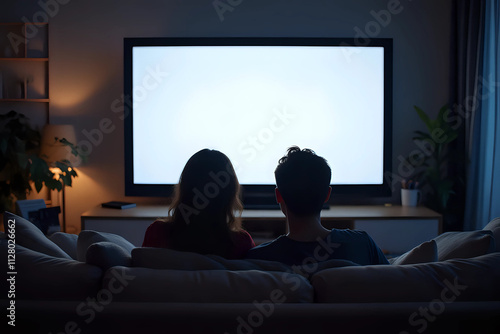 Back view of a couple watching tv in a couch at home. Blank screen view