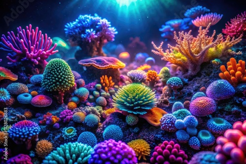 Fototapeta Naklejka Na Ścianę i Meble -  Immersive night photography captures abstract coral reef textures, creating a captivating underwater seascape background.