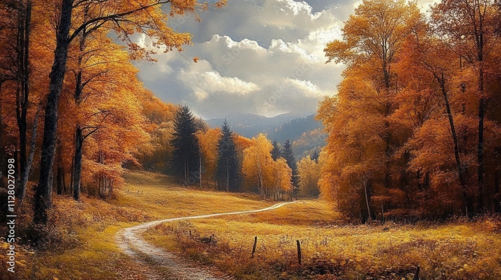 Fototapeta premium Autumn Foliage Scenic Landscape with Winding Path and Soft Lighting