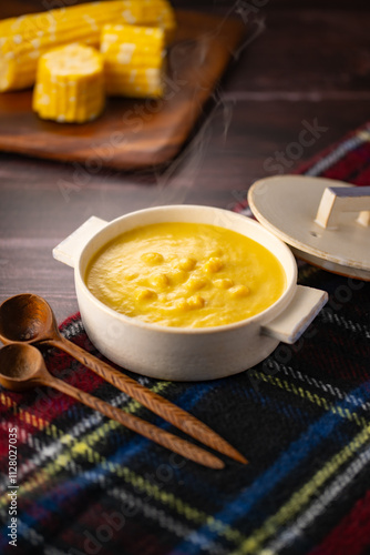 Delicious corn soup on the table.
Tasty corn soup image.
