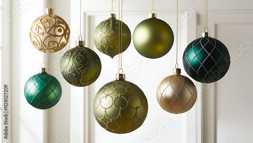 A stunning set of seven gold and green Christmas decorations, each ball uniquely designed, hanging together to celebrate the holiday spirit. photo