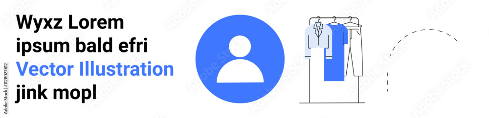 User profile icon in blue circle, clothes hanging on rack with dotted line representing washing instructions. Ideal for user profiles, laundry guides, manuals, instructions, clothing care, online User profile icon in blue circle, clothes hanging on rack with dotted line representing washing instructions. Ideal for user profiles, laundry guides, manuals, instructions, clothing care, online