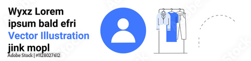 User profile icon in blue circle, clothes hanging on rack with dotted line representing washing instructions. Ideal for user profiles, laundry guides, manuals, instructions, clothing care, online