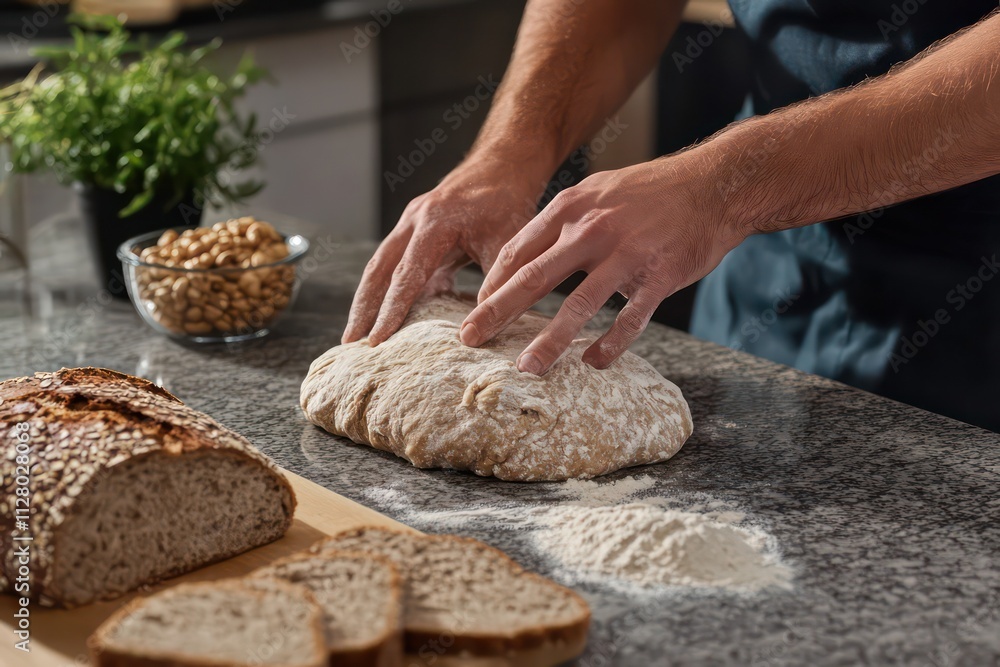 A baker’s hands kneading dough made from high-quality wheat flour, with the ingredients of the bread--flour, yeast, water, and salt--spread out on the countertop. A baker’s hands kneading dough made from high-quality wheat flour, with the ingredients of the bread--flour, yeast, water, and salt--spread out on the countertop.