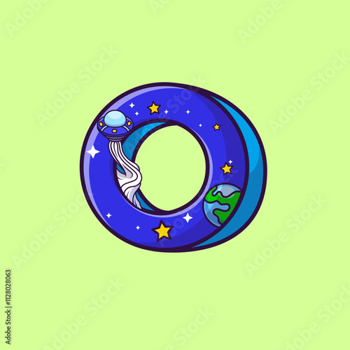 Circle Shape With UFO In a Space Cartoon Vector Illustration. Science Technology Concept. Flat Cartoon Outline Style.