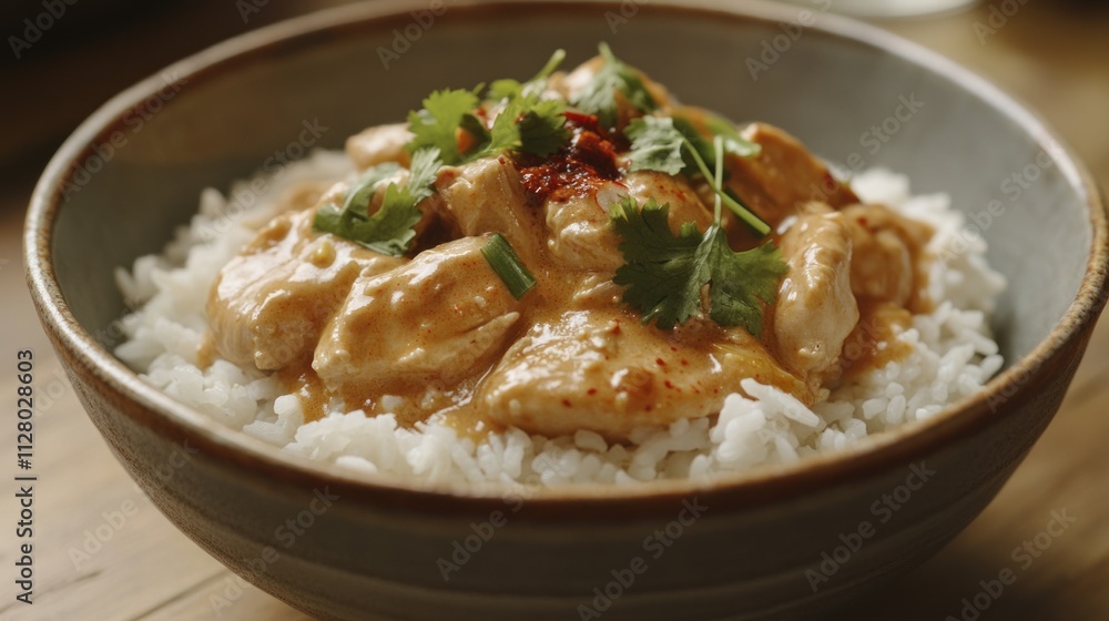 Creamy chicken and rice dish in a bowl, garnished with cilantro and chili flakes. Creamy chicken and rice dish in a bowl, garnished with cilantro and chili flakes.