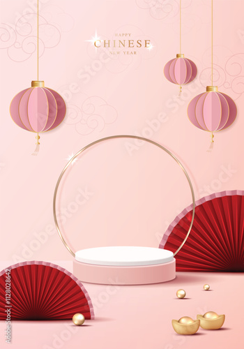 Chinese new year 2025 year of the snake for product. podium, backdrop, products showcase and promotion display on pink background. lunar new year concept. vector design.