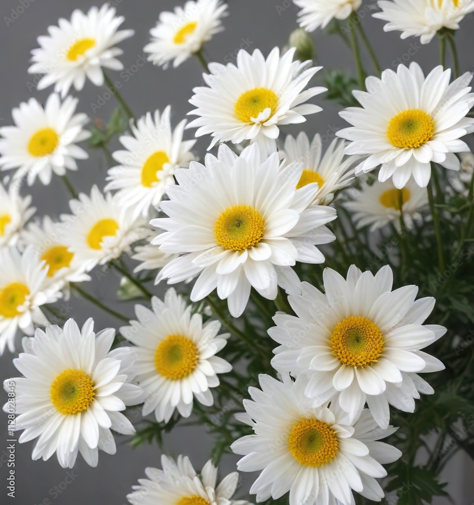 Soft and delicate white chrysanthemum flowers on a grey background, floral, petals, close up, serene, nature Soft and delicate white chrysanthemum flowers on a grey background, floral, petals, close up, serene, nature