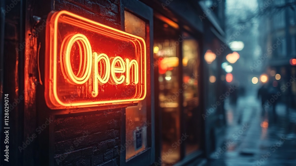 Neon Open Sign in Rainy City Night Neon Open Sign in Rainy City Night