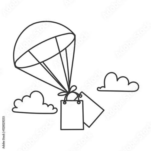 shopping bags carried flying by parachute in doodle cartoon icon