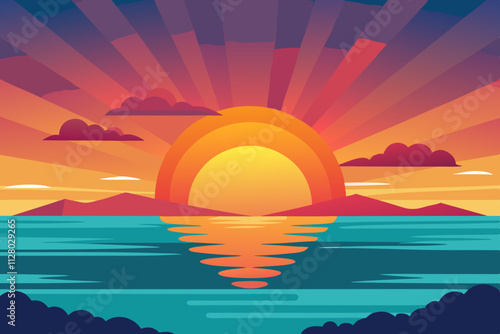 Sunrise on hill isolated vector illustration background