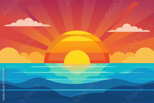 Sunrise on hill isolated vector illustration background