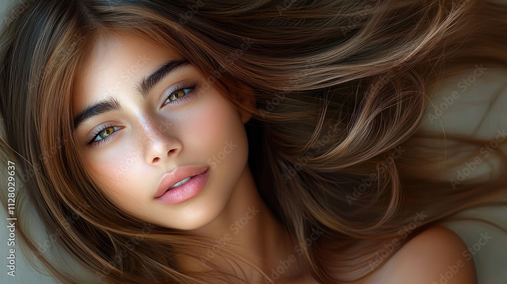 Beautiful Black Woman Portrait with Flawless Skin and Flowing Hair in Studio for Hair Care Product Promotion