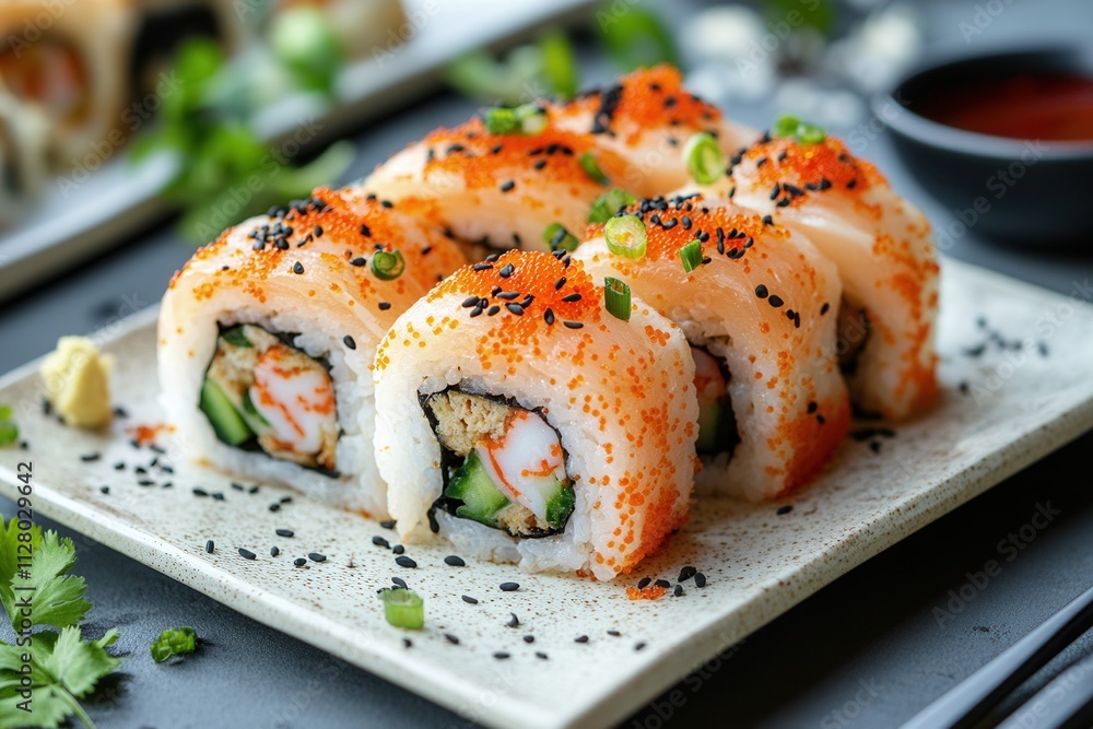 Delicious sushi rolls with fish, crab, and tobiko. Delicious sushi rolls with fish, crab, and tobiko.