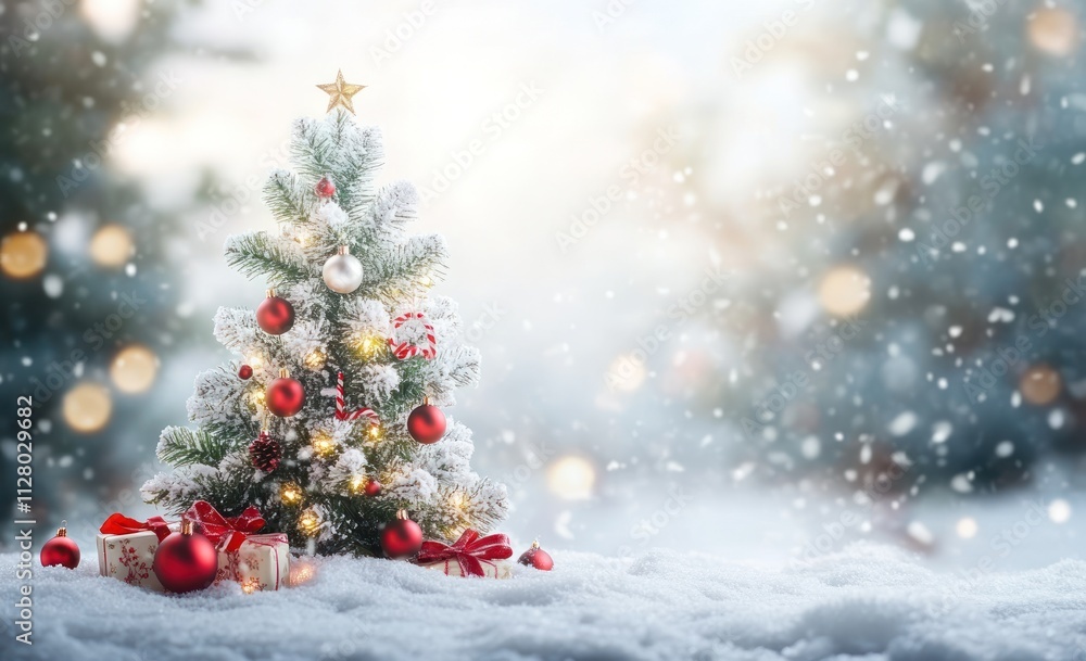 Christmas tree with decorations on snow in a winter landscape Christmas tree with decorations on snow in a winter landscape