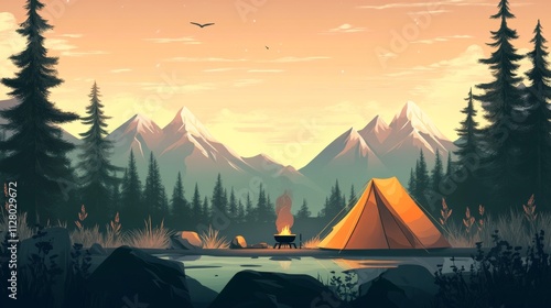 Camping vector illustration with a tent, mountains, pine trees, and a cooking stove. photo