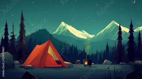 Camping vector illustration with a tent, mountains, pine trees, and a cooking stove. photo