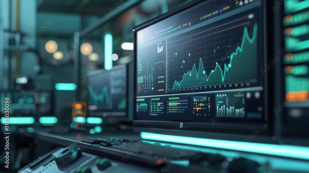 A closeup of a computer screen in a microfactory control room showing realtime market trends and demand patterns. A closeup of a computer screen in a microfactory control room showing realtime market trends and demand patterns.
